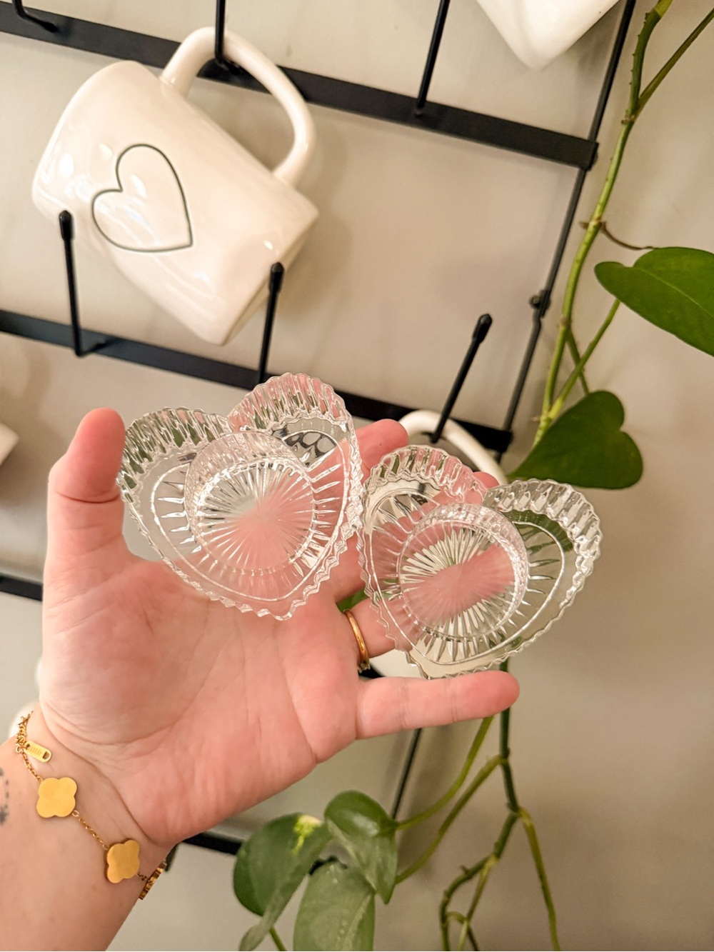 Set of 2 Clear Glass Heart-Shaped Open Salt Dishes or Candle Holders